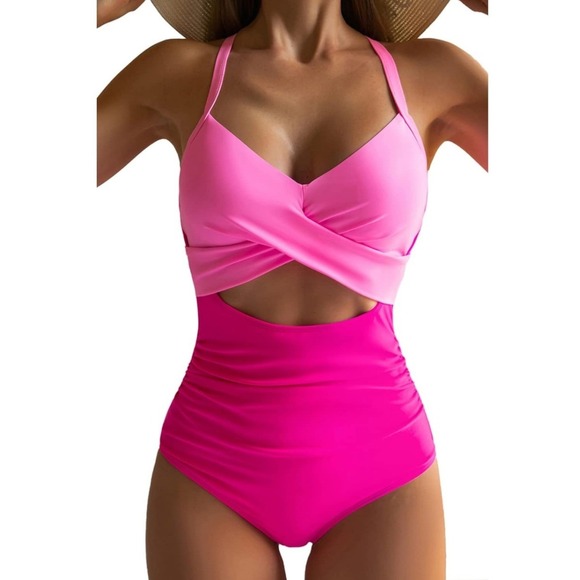 Eomenie Other - Eomenie Womens Pink Colorblock Cutout One Piece Swimsuit Monokini Size M NEW